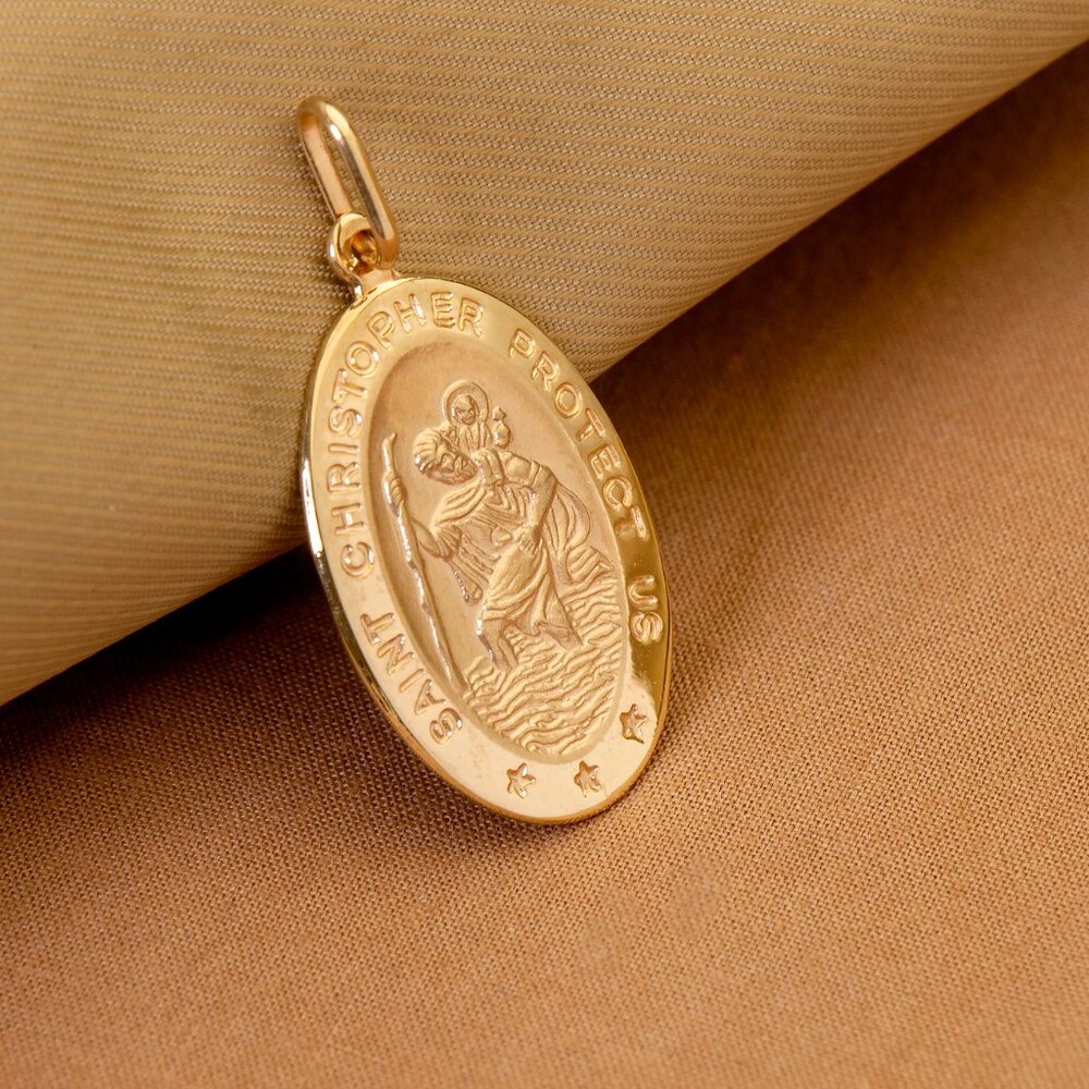 X-Large Real 10K Solid Gold Saint Christopher Protection Pendant Stamped 10K